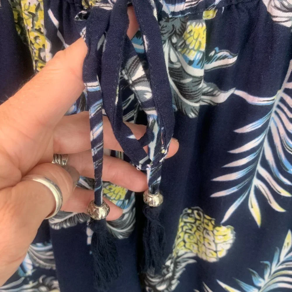 Navy blue island Tropical‎ Pineapple Palm Strapless Romper Cover-up with Pockets